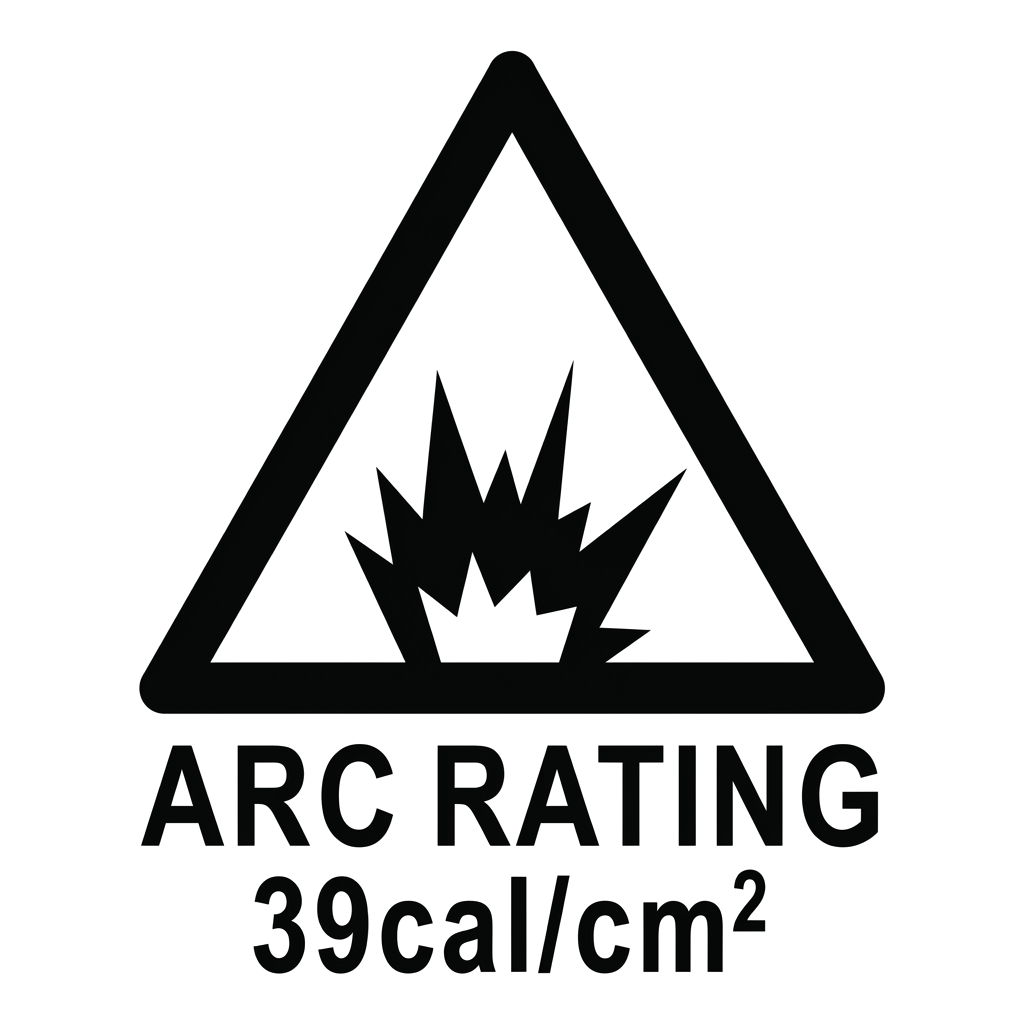 Arc rating label: triangle with arc flash symbol, ARC RATING and example cal/cm² value